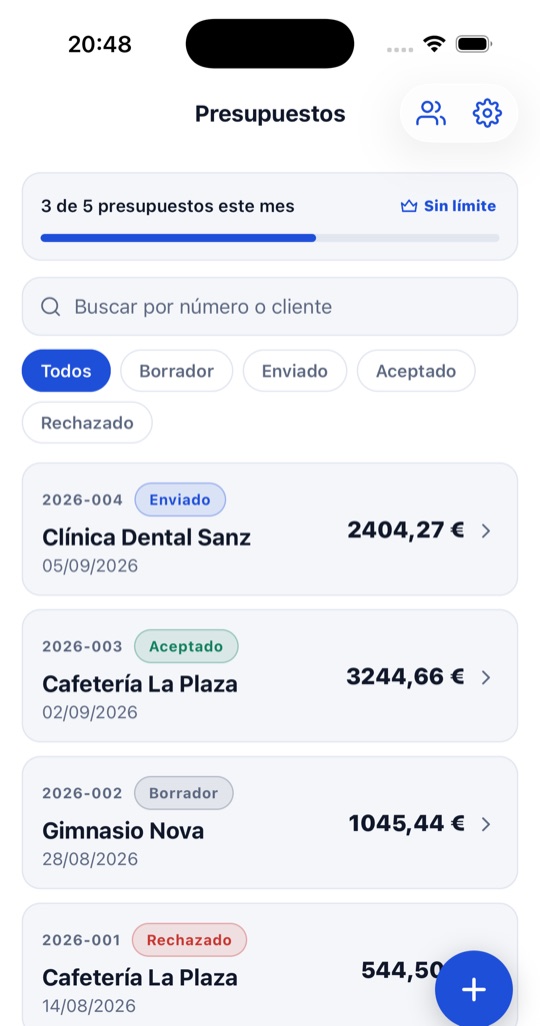 Pantalla principal de Presupuestos Altyra